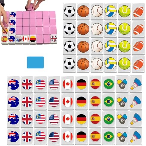 HTKL National Flag Mahjong Game Set, 65pcs Flag Pattern Mahjong Tiles, Family Party Game, Ages 3+