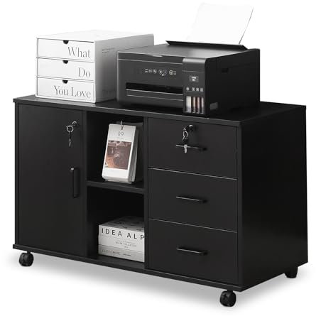 TUKAILAI Rollcontainer Abschließbar mit 3 Schubladen, Lagerung Fach und Offene Regale, Aktenschrank, Büroschrank mit Rollen, Legal, Letter-Format, Büromöbel, schwarz 90 x 40 x 57 cm
