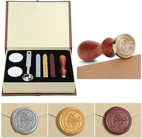 Siegelwachs-Set, Classical Old-Fashioned Antique Wax Stamp Seal Kit Initial Letters Alphabet Set Gift Box with Vintage Wooden Handle and Brass Color Head (C)