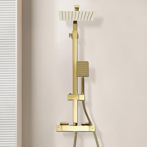 WindWilder Système de douche avec thermostat, douche à effet pluie, colonne de douche, laiton et acier inoxydable 304, doré
