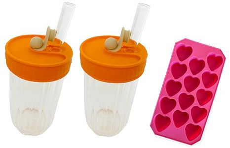 Vasos con tapa de silicona y pajita reutilizable. 450ml. Cristal de borosilicato. Set de 2 vasos más hielera. Vasos de vidrio. Hielera de silicona. Zumos, bubble tea, café o té helado. (NARANJA)