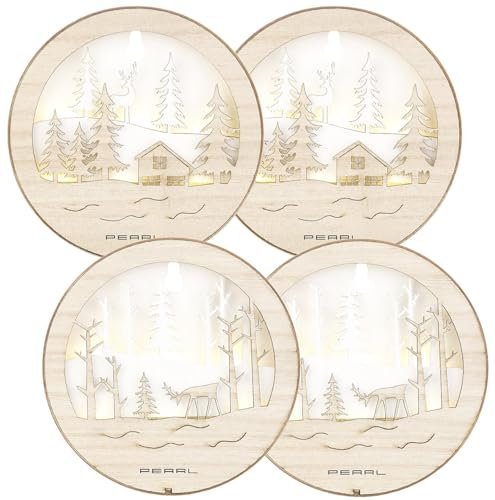 Lunartec Holz Bilder: 4er-Set leuchtende Echtholzbilder mit weißen LEDs, Batteriebetrieb (Holzbild LED, Märchen-Holzbild, Weihnachtsbaumbeleuchtung)