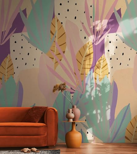 Livingwalls Anna D'Andrea Modern Photo Wallpaper 1,59 m x 2,80 m - Beige, Green, Lilac, Yellow - Leaves Wallpaper - 782082