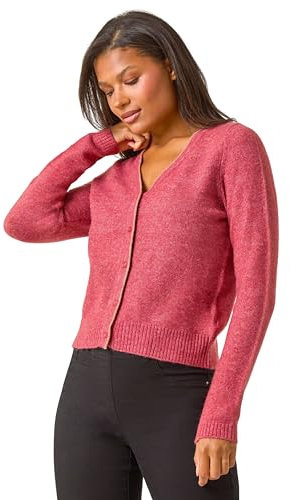 Roman Originals Shimmer V-Neck Ribbed Cardigan for Women UK - Ladies Everyday Autumn Winter V-Neckline Comfy Soft Evening Vacation Work Party Night Out - Rose - Size L
