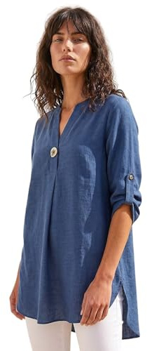 Roman Originals Shirt for Women UK Ladies Longline Top Collarless Blouse Smart Tunic Casual Evening Relaxed Fit 3/4 Length Sleeve Notch V Neck Long - Denim - Size 12