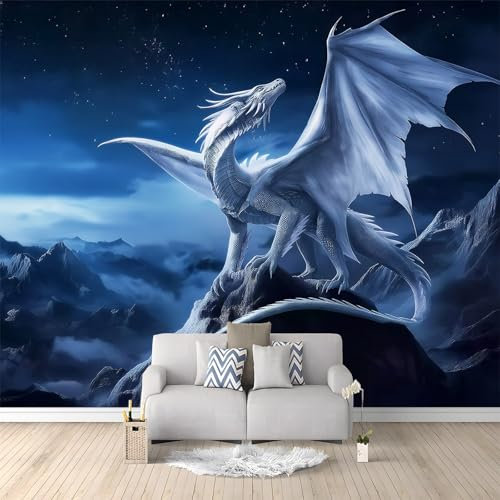 Selbstklebende Fototapete Fantasy Mythologie Drachen 3D Effekt Wandbild Moderne Vlies-Tapete 250 x 175 cm für Wohnzimmer, Schlafzimmer, Büro Wanddekoration in Premium-Qualität Blau