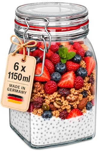 WELLGRO Einmachgläser mit Bügelverschluss eckig, Fermentierglas, Vorratsgläser mit Deckel, Bügelglas - Gläser mit Deckel Made in Germany (1150ml x 6 Stück)