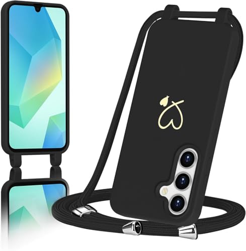AoozeFon für Samsung Galaxy A16 5G/4G Hülle mit Band, Handyhülle Samsung A16 5G/4G mit Kordel zum Herz, Schutzhülle Handyband mit Umhängen Abnehmbare Weich TPU Liquid Silikon Bumper, Schwarz