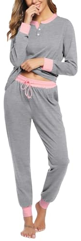 Aseniza Pyjama Femme Hiver Coton Ensembles de Pyjama Femmes Chauds Manches Longues Vêtements de Nuit Couleurs Contrastées Ensemble Pyjamas Tenue de Nuit 2 Pièces Vêtements de Détente Loungewear