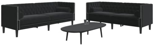 YuuSsea 2-TLG. Chesterfield-Sofa-Set mit Nackenrollen, Schwarz Samt, 174/194 cm Breite, Robustes Wohnzimmer-Möbel, Gemütliche Couch für Ihr Zuhause
