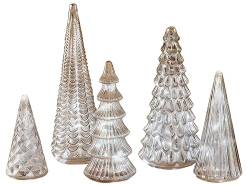 Arbre de Noël en verre au mercure, arbres de Noël en verre LED pour table, nouveau set amélioré de 5 arbres en verre mercuré illuminés pour tablettes, cheminée, pièce maîtresse, décoration de fête et