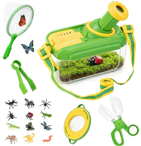 Kit Exploration Enfant Jouets,5 Pièces Ensemble de Attrape Insecte pour Enfants avec 12 Faux Insectes,Jouet Exterieur Enfant, Kit Aventurier avec Boite Insecte, pour Enfants Garçons Filles 3 4 5 6 Ans