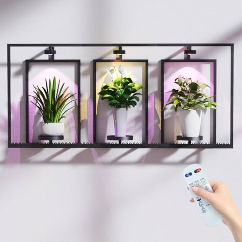 Frame Wall Plant Stand Indoor, Metal Wall Planters Holders with Remote Grow Light, Picture Frame Plant Shelves Wall Decor for Bedroom Bathroom Living Room Home Office (1, 3 Plant Stand)