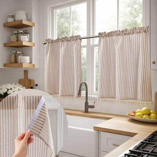 Jilron Scheibengardinen Blickdicht Kurz, Leinenoptik & Dekorative Fransen, Einfache Montage für Gardine Küche(Braun-H61 x B86cm, 2er Pack)