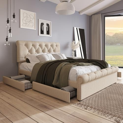 CelticHearth Polsterbett 140x200, Doppelbett mit 4 Schubladen Leinen