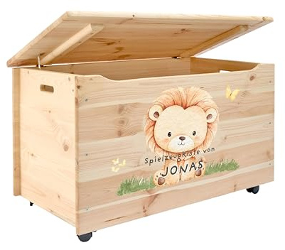 Pinus Spielzeugkiste personalisierbar 90x48x51 cm mit Deckel Rollen | Kiefernholz, Wunschname personalisiert, große Aufbewahrung, für Spielzeug Decken Erinnerungen, Kinderzimmer Geschenk Geburt