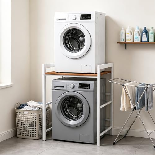 Estantería para lavadora, lavadora y secadora una encima de la otra, capacidad de carga de 300 kg, armario superestructura para lavadora para baño, cocina, balcón, lavandería (blanco-A)