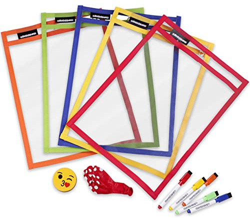 5 Hüllen Vordruck Wiederverwendbar A4 Papier | Dry Erase Pockets Größe 36x26cm | PET Ökologisch Recycelbar | 5 Farben, 5 Marker, Löscher und Luftballon | Schulmaterial,Schule,Kindergarten,Spielzimmer