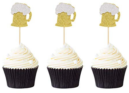 24 PCS Gold Glitter Beer Mug Cupcake Toppers Food Cake Picks Party Decor