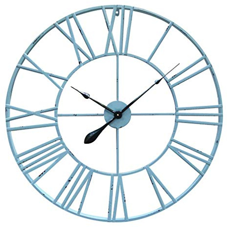 Antic by Casa Chic - Große Metall Wanduhr mit Quarz Uhrwerk - 76 cm Durchmesser - Römische Ziffern - Vintage Zeiger - Türkis