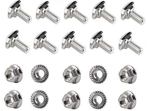 PZRT 10 Stück M6 x 25 mm Hammerkopfschraube, T-Schraube, 10 Stück M6 Sechskant-Flanschmuttern, Karbonstahl, vernickelt für 3030 Serie Standard 8 mm T-Nut-Aluminiumprofil