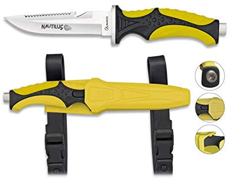 Albainox 32350. Cuchillo Submarinismo Nautilus. Amarillo. Mango ABS y Goma. Herramienta para Caza, Pesca, Camping, Outdoor, Supervivencia y Bushcraft