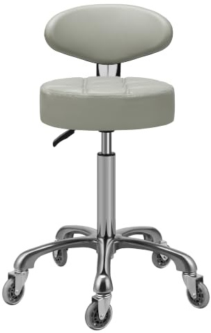Kaleurrier Rollhocker mit leichtgängigen Doppelrollen, Bequeme gepolsterte Rückenlehne, Drehsitz, strapazierfähig, hydraulisch, höhenverstellbar, robust und langlebig (Mit Rückenlehne, Grau)