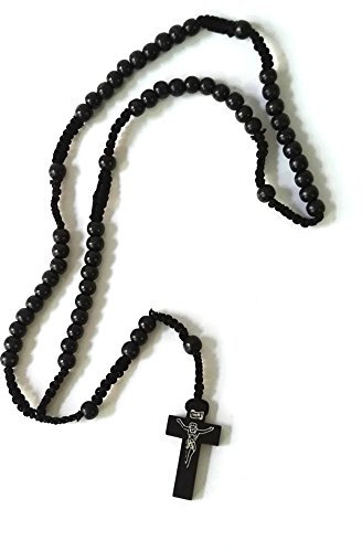 LNIMIKIY Moda Retro Herren-Kranz Christo Rosenkranz Holz Perlenkreuz Anhänger geflochten Kette (Kaffee), Schwarz One size
