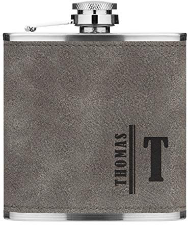 Personalisiert 6oz Pu-Leder Flachmann Grau Individuell Name Buchstabe Split Premiumqualität