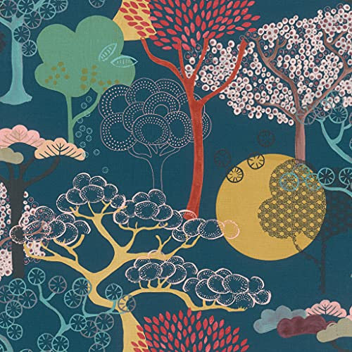 Rasch Tapeten 539967 - Non-Woven Wallpaper with Trees in Red, Yellow and Green on Dark Blue Background and Light Structure - 10.05 m x 53 cm (L x W) Wallpaper, Blue