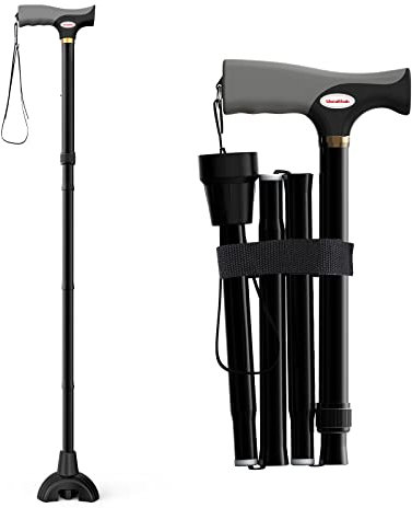 Shealthub Canne de Marche Pliable, Canne de Marche Pliable Homme et Femme, Canne de Marche Luxe Aluminium, Canne de Marche à Hauteur Réglable, 2 Base Antidérapante Noir