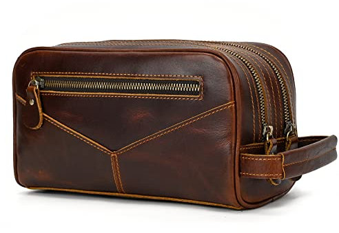 Kulturbeutel echt Leder, Damen und Herren Kulturtasche aus Leder - Kosmetiktasche für die Reise große wasserdichte Waschtasche Männer, Braun (9544 braun)