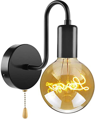 E27 Schwarz Vintage Wandleuchte mit Schalter Innen Wandlampe mit Zugschalter Retro Industrielampe Wandspot Lampe Metall Leselicht Wandbeleuchtung für Schlafzimmer Wohnzimmer Esszimmer Balkon Loft