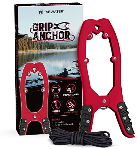 FARWATER Canoe Anchor Grip - Boat, Float Tube & Kayak Fishing Accessories, Kayaking Equipment - Brush Clamp Anchor with Teeth - Gripper with 15ft Paracord - Rubber Grips - Coated Steel - Matte Red
