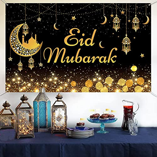 Eid Mubarak Banner, Schwarz Gold Ramadan Mubarak Hintergrund Banner Dekorationen, Großes Stoff Eid Mubarak Schild Banner Muslim Festival Party Hintergrund für Wand Drinnen Draußen, 185 x 110 cm