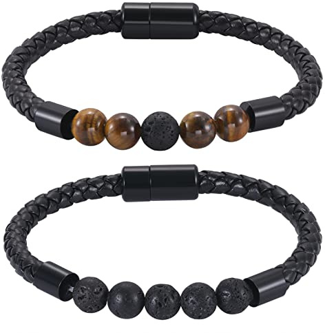 JewelryWe Schmuck 2pcs Lederarmband Herren Tigerauge Stein Leder Geflochtenes Armband Natursteinen Perlen Armreif Manschette mit Magnetverschluss