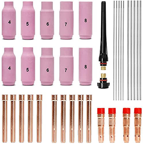 Set di Accessori per Saldatura TIG, Manicotti Adattatori + Alloggiamento + Ugelli nel Ceramica + Elettrodi nel Tungsteno per Torcia per Saldatura TIG -26