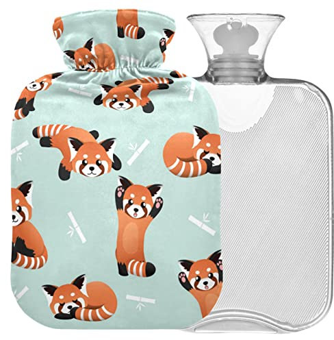 Naanle Wärmflasche mit Bezug, roter Panda, niedliche transparente Warmwasserflasche, 1 l, Wärmflasche, für Krämpfe, Schmerzlinderung, Bett, Handfüße, Wärme- und Kältetherapie