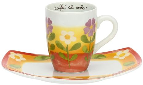 THUN, Mug con Vassoio in Porcellana Decorata a Mano con Motivi Floreali, Linea Florianne, Vassoio 21x14 cm, Tazza Ø 8.5 10.5 cm h, Capienza 300 ml