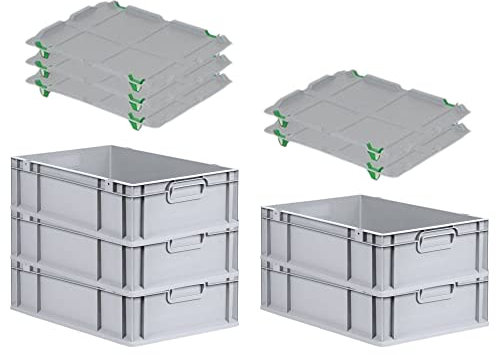 PROREGAL SuperSparSet 5x Eurobox NextGen Grip mit Auflagedeckel & 4 grünen Schiebeschnappverschlüssen, HxBxT 17x40x60cm, 34 L, Grau, Griffe geschlossen, Eurobehälter, Transportbox