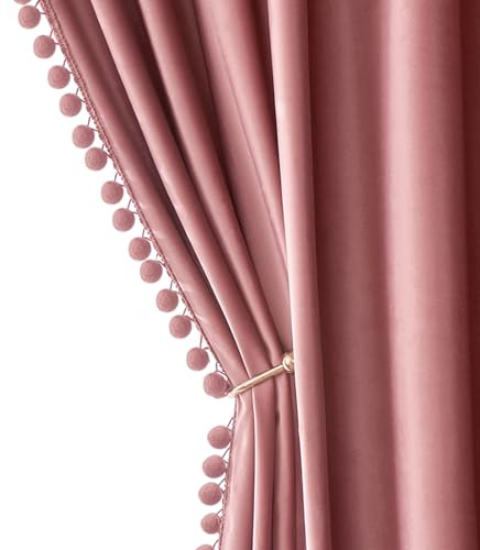 MIULEE Blush Pink Pom Pom Velvet Curtains for Kids Bedroom/Living Room Darkening Thermal Insulating 84 Inches Long Boho Blackout Curtains with Rod Pocket for Girls Room/Nursery/Home Theater Set of 2