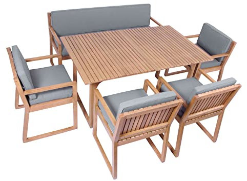 vanvilla Gartenmöbel Set Holz Sitzgruppe Gartenmöbelset Garnitur Terrasse Möbel Sitzgarnitur 1 Tisch Bank (3-Sitzer) 4 Sessel Auflage HELLGRAU