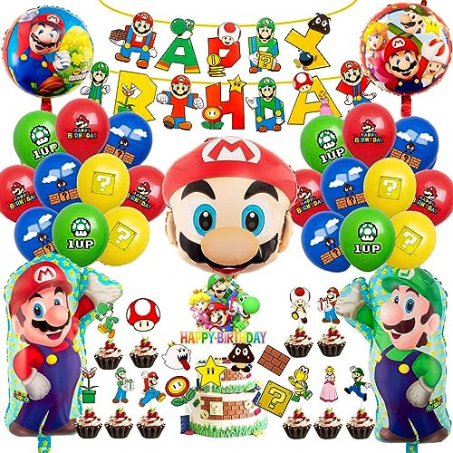 Super Mario Bros Foil Balloons, Happy Birthday Banner, Cake Toppers, Party Supplies for Kids, Mario Theme Party Decorations