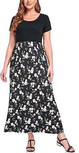Lacavocor Damen Maxikleid, kurzärmelig, Empire-Taille, langes Kleid, B37 Rose Flower, XX-Large
