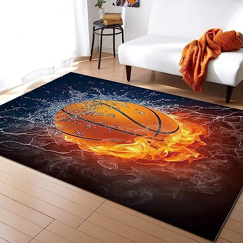 TEMLAN Flammenbasketball Teppiche Gegend, Cooler Rauch-Basketballsport Kleiner Teppich für Wohnzimmer, Schlafzimmer, Kinderzimmer, Büro, etc 100 x 150cm