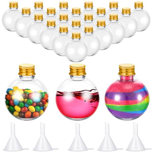 Layhit Kugelförmige Kunststoff-Trinkflaschen, Kugelform, runde Flaschen, 96 ml, Sandkunst-Glas mit 5 Trichtern, dekorativer Behälter, Süßigkeitenglas für Valentinstag, Geburtstag, Basteln, goldfarben,