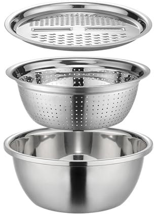 Colador con Cuenco Inox, 3 en 1 Ensaladera y colador con Rallador de Queso para Ensalada Verduras Frutas Arroz Pastas Lavado