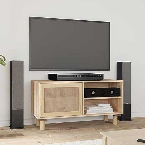 CIADAZ TV-Schrank Braun 80x30x40 cm Massivholz Kiefer und Natur-Rattan, TV Lowboard, Fernsehschrank, Fernsehtisch, Fernseher Schrank, TV Sideboard, TV Board, TV Cabinet, TV Bank, TV Kommode