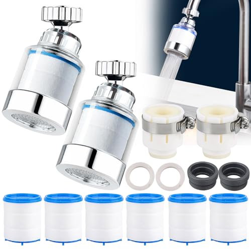 Funmo 2 Stück wasserfilter wasserhahn,360° drehbar wasserhahn filter, wasserhahnfilter für trinkwasser,mit 6 Stück PP-Baumwollfilterelement, 4 Stück Wasserhahn Entkalker Aufsatz