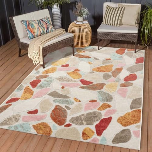 In & Outdoor Teppich Wetterfest Wohnzimmer Balkon Küchenteppich Terrassenteppich Flachgewebe mit Muster Steine Multi bunt 160x230 cm